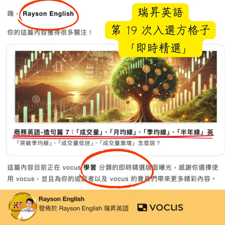 瑞昇英語第 19 次入選方格子「即時精選」 - 商務英語-造句篇 7:「成交量」、「月均線」、「季均線」、「半年線」英文怎麼說? #長期投資 19-1