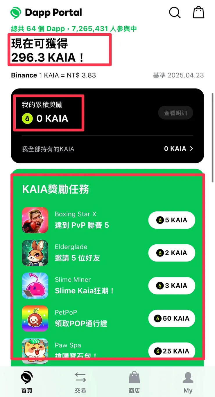 首頁可以看到目前可獲得平台幣數量、匯率、獲得條件等等