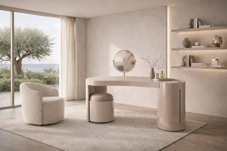 ▲NATUZZI Luma 梳妝台以光為核心元素設計，在視覺上呈現柔和流動的連續線條，以兼具實用收納空間與裝飾性鏡面，詮釋家具美感與舒適需求間的平衡。