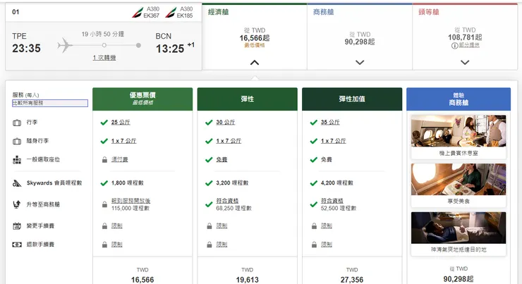經濟艙票價的說明(正常票價)