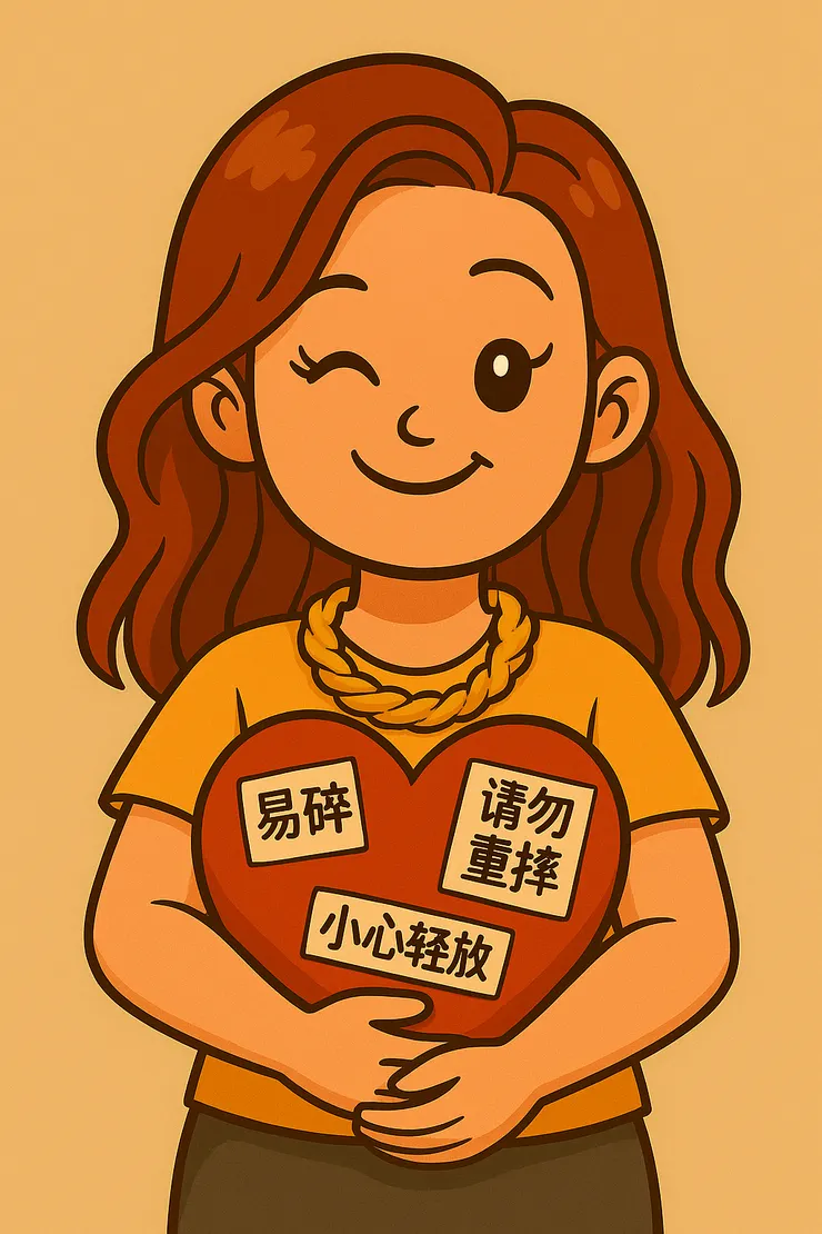 紅心Q對著鏡頭眨眼，身上貼滿了「易碎」「請勿重摔」「小心輕放」的小標籤，像是一張「品質認證書」—百分之百易碎體質。  我想，當我自己可以開自己玩笑，也能用詼諧的方式去面對，就代表我已經在脆弱中找到自我修復的能力。 這也代表著：我願意帶著紅心Q，一起往前走。嘻嘻😁