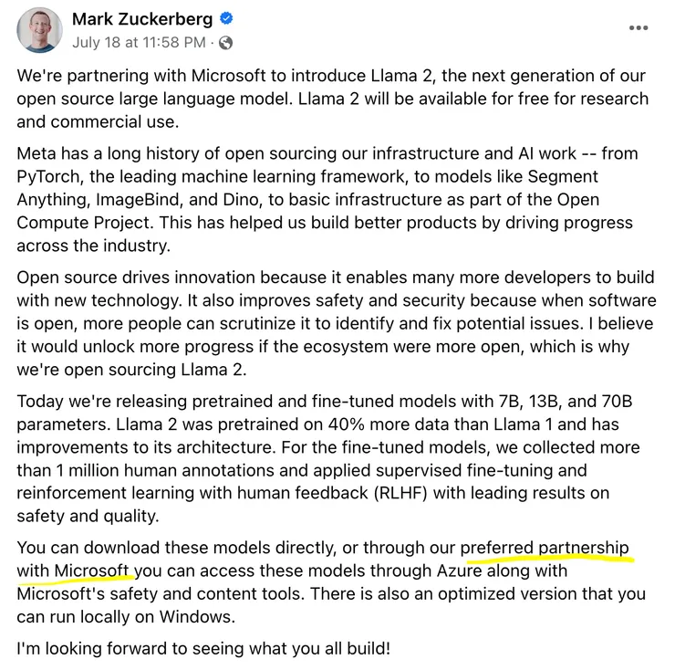 Meta 創辦人馬克祖克柏於文中點出 Microsoft 為 Preferred parntership