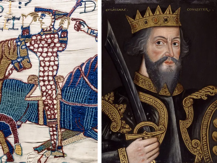 貝葉掛毯中正揭起面罩鼓舞士氣的威廉；16世紀的征服者威廉肖像。