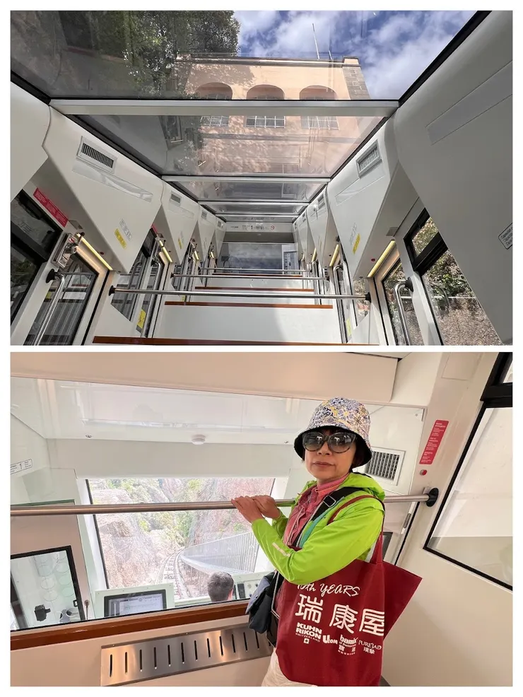 索道纜車去程只有我們兩人搭乘，車頂是透明的。