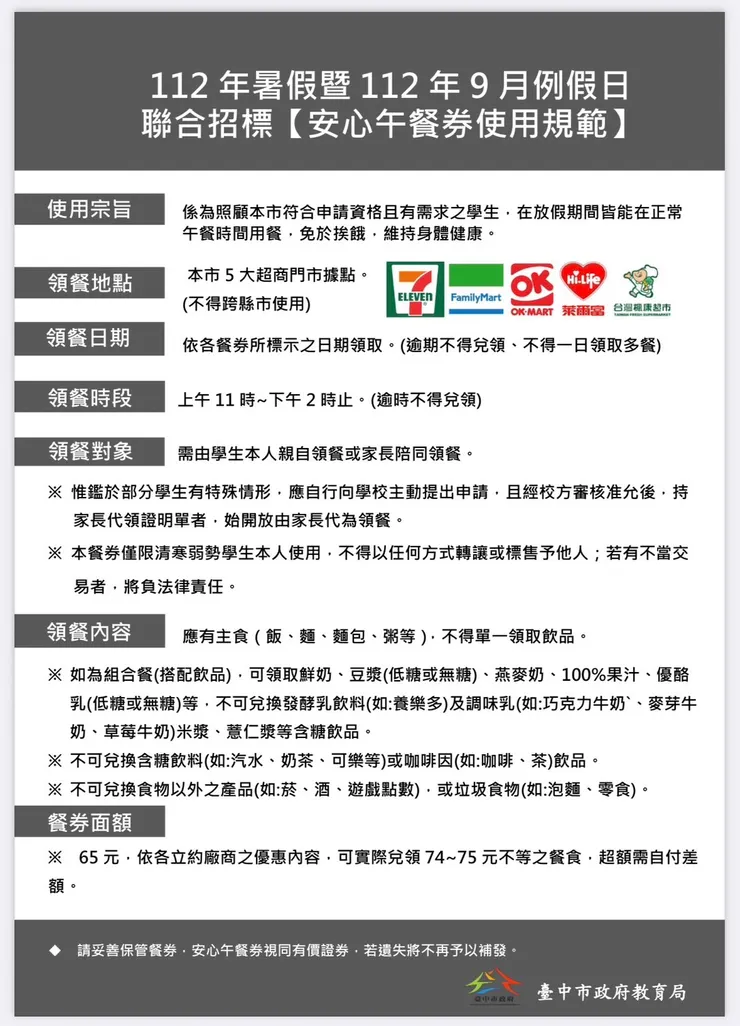 112年暑假暨112年九月例假日【安心午餐券使用規範】資料來自臺中市政府教育局