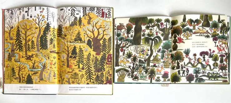 左邊是棕熊住的溫帶森林，右邊是長尾豹住的熱帶雨林。好好說：「這裡就很像啦！樹都彎彎的！」媽馬只覺得樹錯落的間隔有像啦！