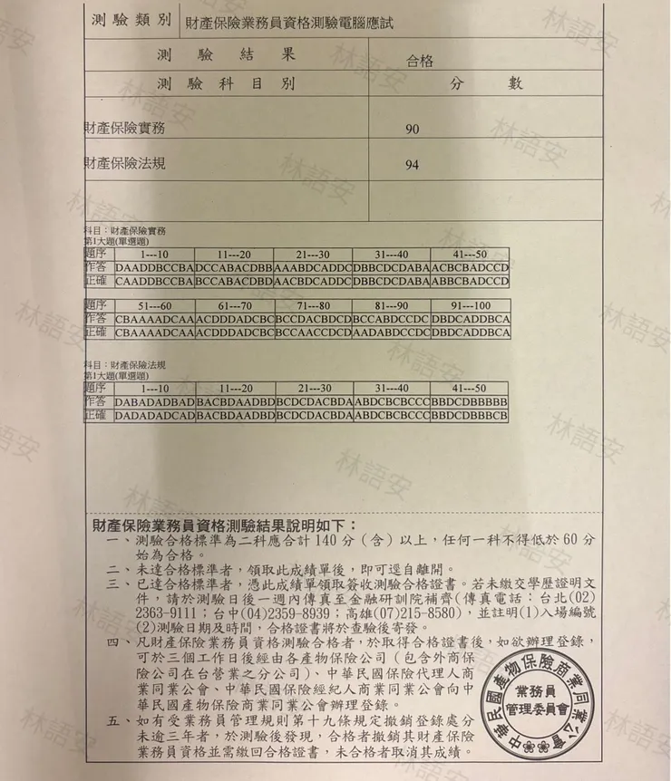 產險考試成績單