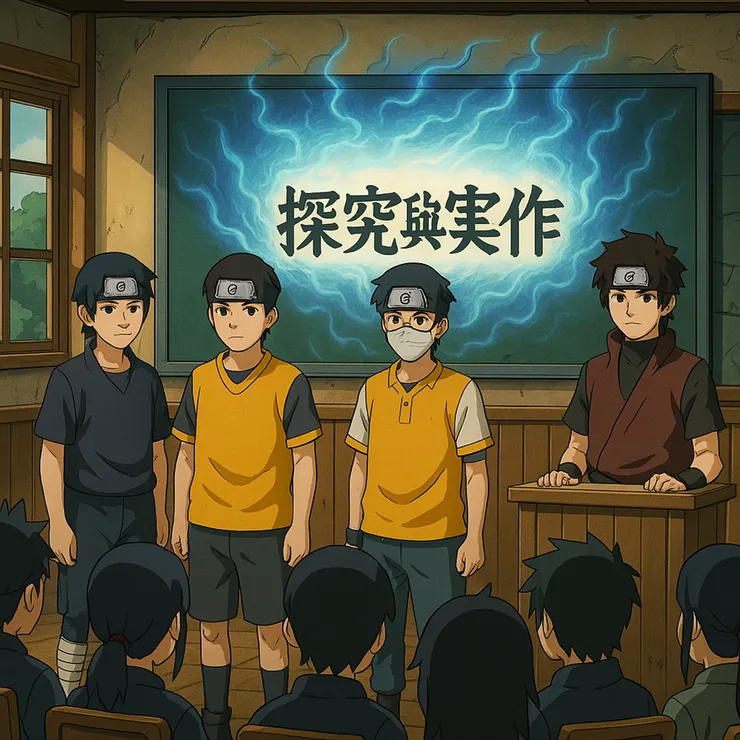 小O、小R、小S和小Q  四人合作無間，留下美好的分組回憶！ (小昕咒許Copilot繪圖)