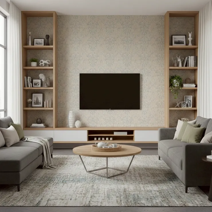 客廳電視牆壁紙建議花紋不要太複雜，顏色單純
