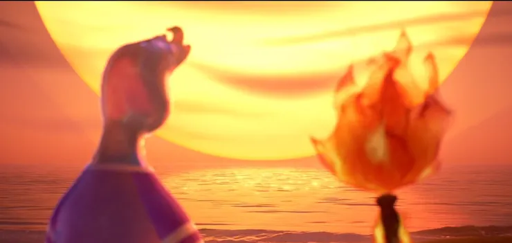 太陽與水面幾乎要碰在一起，象徵彼此進一步的靠近