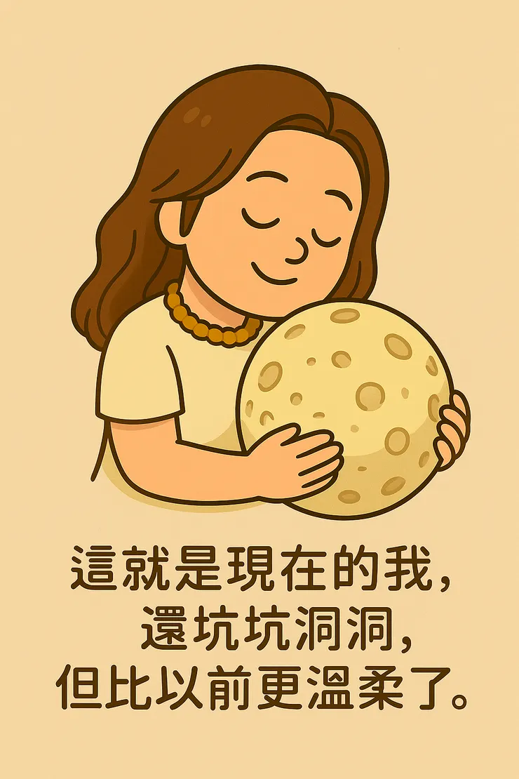 看著這顆慢慢減重的胖軟球， 雖然表面還是凹凸不平， 可那些曾經尖銳的刺被我慢慢修掉後， 突然覺得它滿可愛的。  好像在做什麼靈魂醫美課程一樣， 一刀一刀削去多餘的防衛， 漸漸回到最輕盈的樣子。  哈哈哈～內在美容大概就是這樣吧！ 還挺適合我這種稍微愛美的人， 自己都忍不住覺得好笑