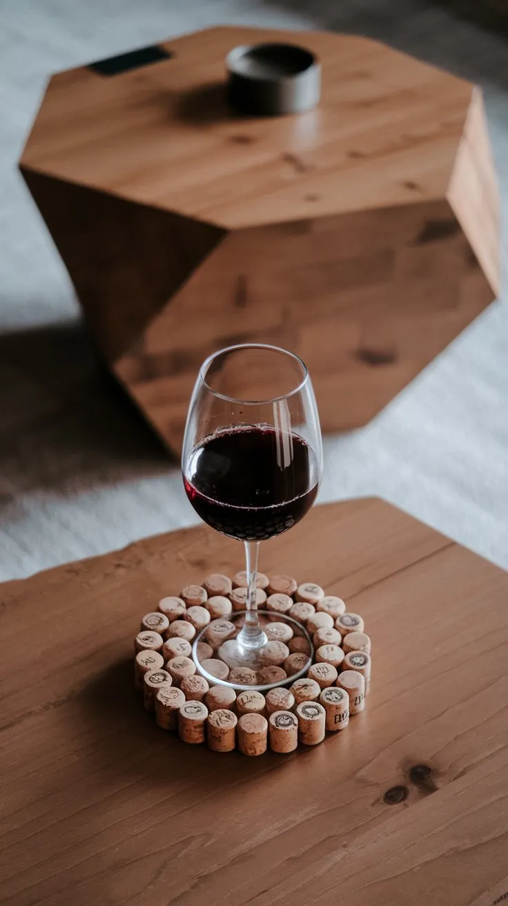 A close-up of a glass of red wine placed on a coaster made from wine corks, with a chic, minimalist coffee table in the background