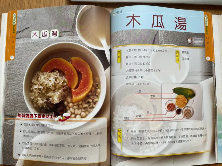 簡易的素木瓜湯就只有５款材料：花生、眉豆、木瓜、雪耳和紅棗。（作者拍攝）