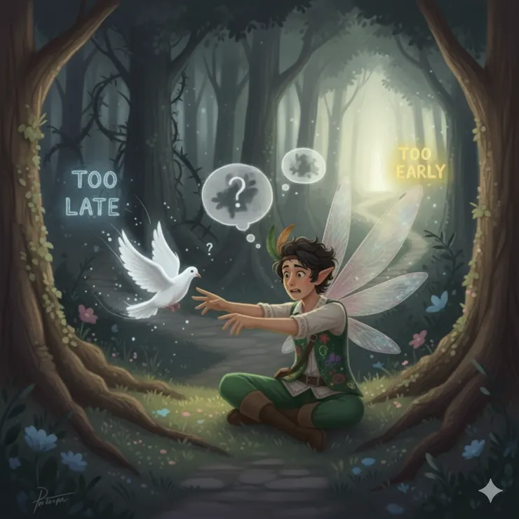 主角在一個半開放的空間中，伸出手試圖抓住一隻在他指尖翩翩飛離的發光鴿子。鴿子的輪廓模糊而快速，周圍充滿了猶豫和掙扎的氣泡。他的表情帶著一絲焦慮和無助，身後有兩條分岔的小徑，一條通往茂密的樹林，另一條通往看似空無一物的遠方，象徵著「太晚」與「太早」的兩難。