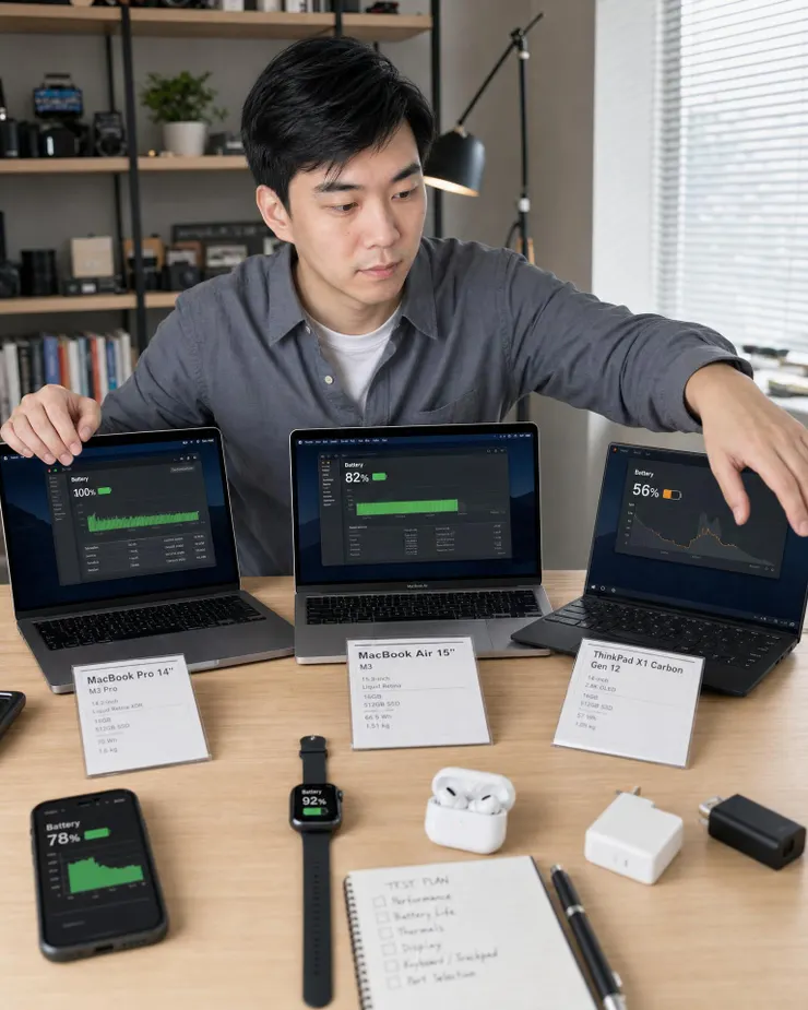 梁练伟整理 AI PC 对比测试桌，展示笔记本、手机、手表和耳机联动