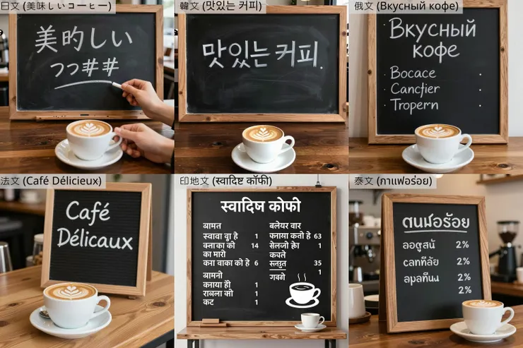 Prompt: 舒適的咖啡館櫃檯。黑板菜單上用白色粉筆手寫著「美味的咖啡」。前方有一杯帶拉花的拿鐵。