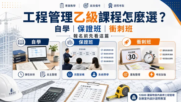 工程管理乙級課程選擇要看考生程度、準備時間與弱點，自學、保證班與衝刺班適合不同階段的考生。