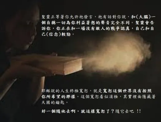 人生的終極寬恕，就是寬恕這個世界沒有按照你所希望的那樣。這個寬恕看似消極，裡面隱藏著天國的鑰匙。   好一個隨他去啊，就這樣寬恕了？隨它去吧 !!