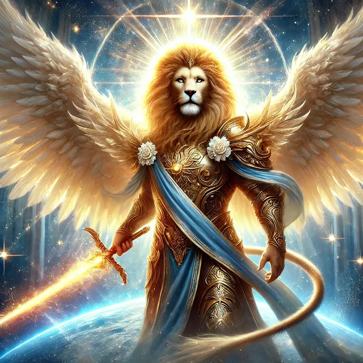 他被稱為「上帝之獅」，展現出威嚴與神聖的氣息，擁有金色鎧甲、發光的聖劍以及散發神聖能量的白色羽翼。