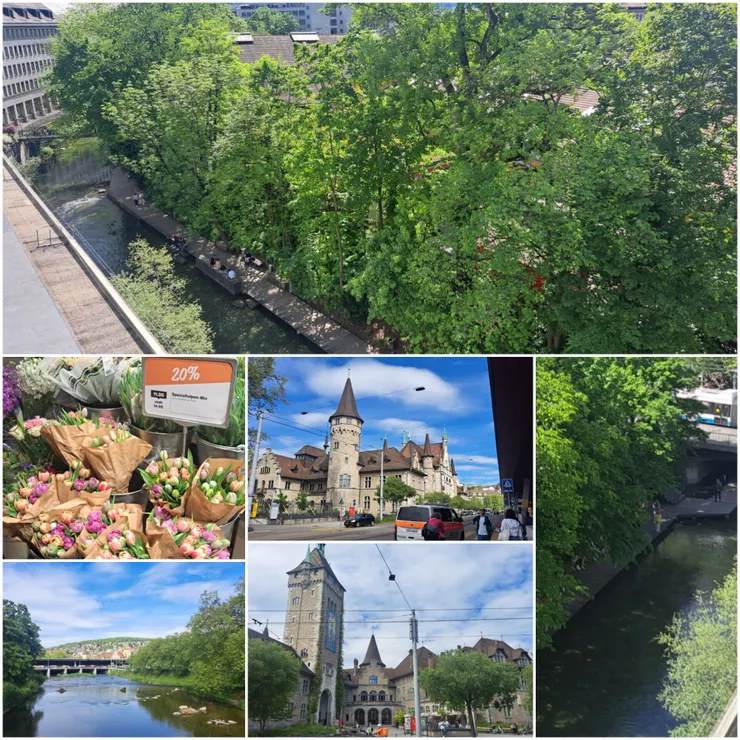 瑞士國立博物館一撇, 自然河道與商業區結合..清澈小溪,超市餐廳頂樓風景