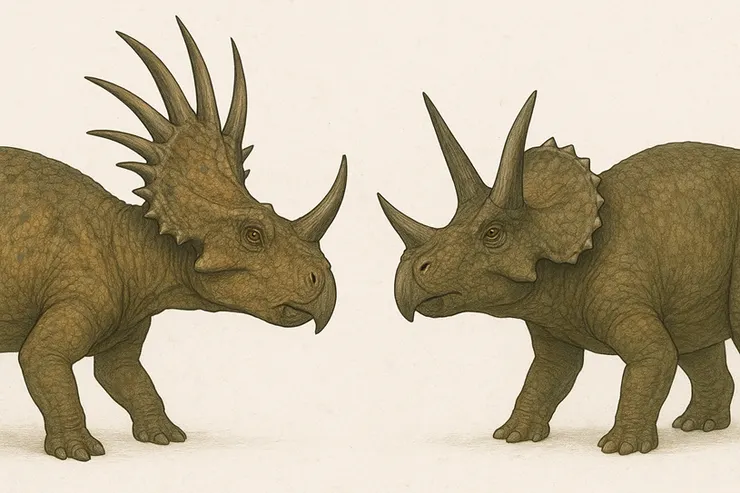 圖左是戟龍,圖右是三角龍,ChatGPT創作戟龍 vs 三角龍的對照圖。