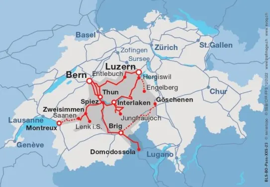伯爾尼高地通票使用範圍簡圖(圖片來源：伯爾尼高地通票官網)