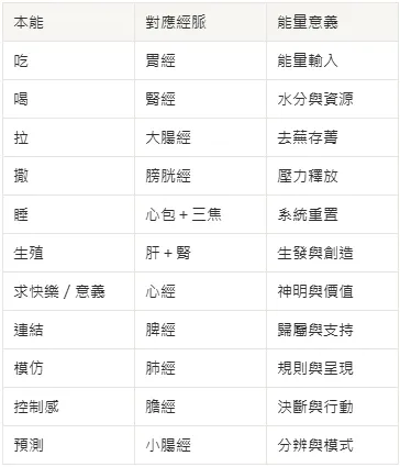 將本能們與經脈其意義對照