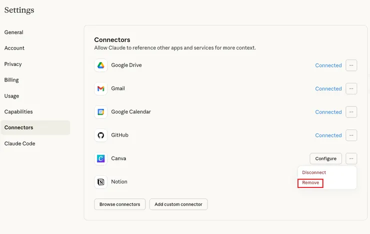 移除Canva Connectors