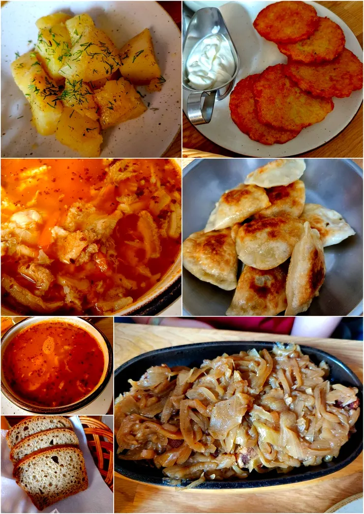 【暫停懷古去吃傳統餃子煎土豆！我們點的餐，有波蘭餃子 (Pierogi)、馬鈴薯煎餅 (Placki Ziemniaczane)、波蘭傳統湯品、肉類主菜等 。】