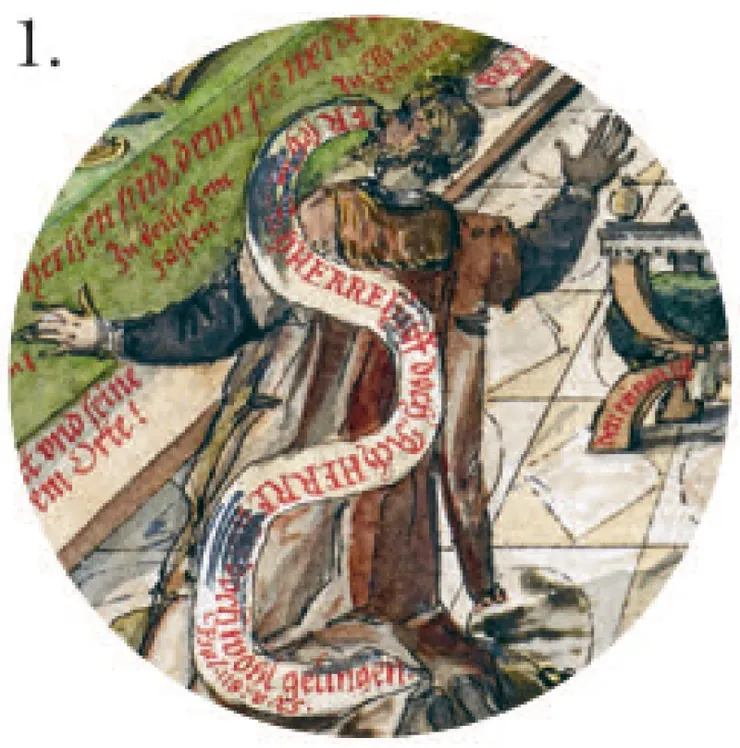 1.	禱告的行者—— 行者正跪著禱告。他口中吐出的捲軸上文字出自〈詩篇〉第118章第25節：「耶和華啊，求你拯救！耶和華啊，求你使我們亨通！」