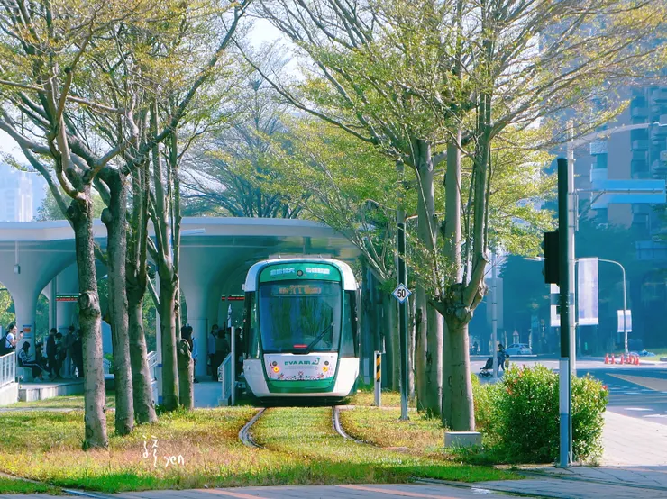 從馬卡道路拍攝美術館輕軌站的列車,在綠林隧道間呈現極具代表性的美感