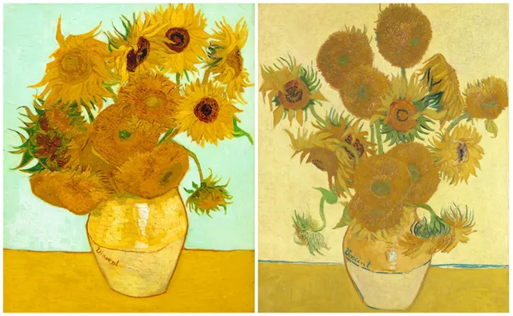 1888年兩幅向日葵。(左)十二朵向日葵,德國 慕尼黑市新繪畫陳列館 (右) 花瓶裡的十四朵向日葵, 英國 倫敦國家畫廊
