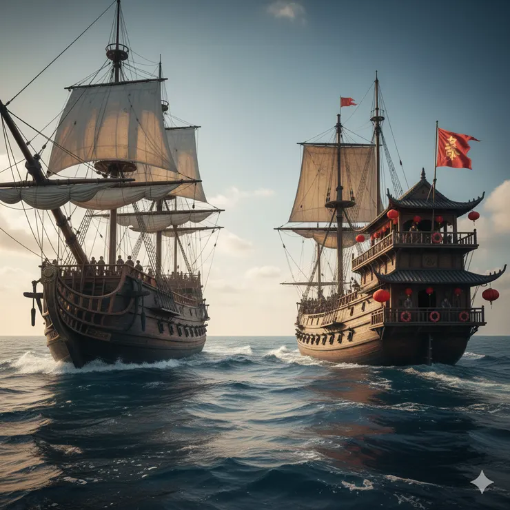 16世紀的中西帆船示意圖