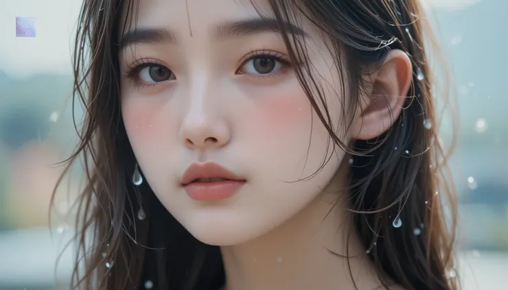 沐曦的頭髮披散下來，被雨水打得貼在臉頰和脖子上。