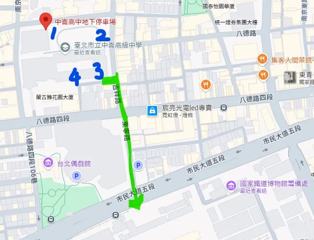 中崙高中停車場至鐵博館路線示意圖