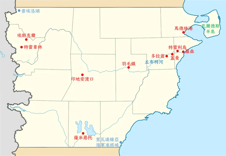 丘布特省地圖，紅色是威爾斯人建立的主要定居點，淺藍色為其他超過1萬居民的城鎮，該省3/4人口集中於里瓦達維亞海軍准將城、特雷利烏及馬德林港三地。
