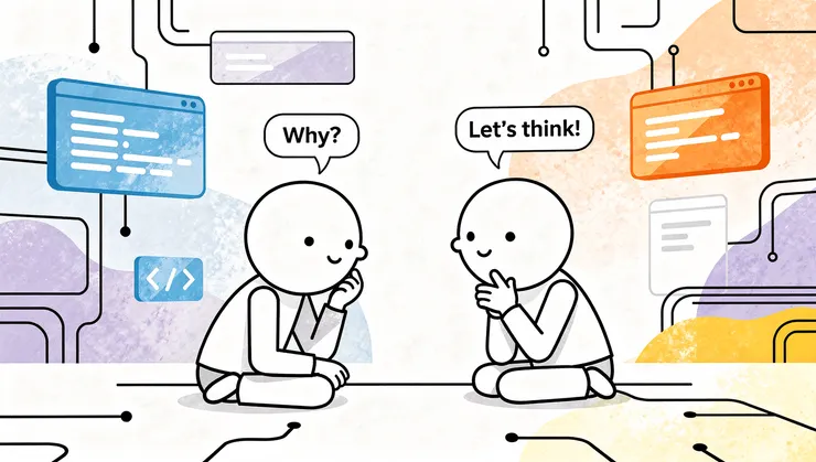 Socratic dialogue visualization, thoughtful questioning, philosophical learning atmosphere