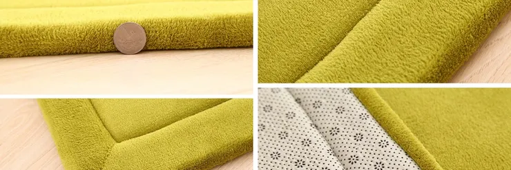 珊瑚絨塌塌米地毯的表面絨毛與底部防滑顆粒特寫。強調材質的柔軟親膚和防滑優點。