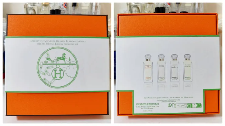 禮盒外有一個封套，背面列出四瓶香水。