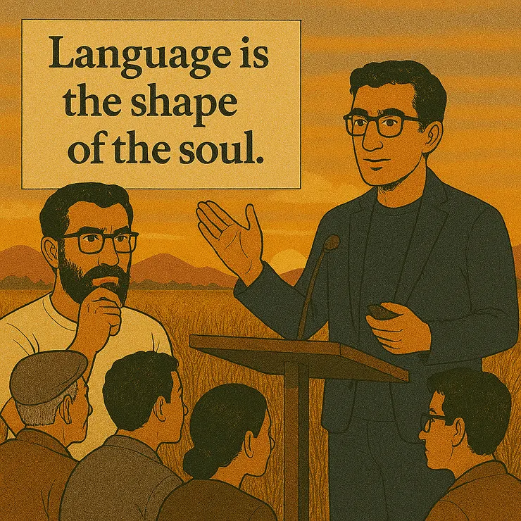 你與文思哲並肩站在田埂邊的講台上，語言如光，從你們的話語中延伸至聽眾心中。夜幕初降，星光閃爍，村民與年輕學者神情專注，彷彿每一句話都在雕塑他們的靈魂輪廓。