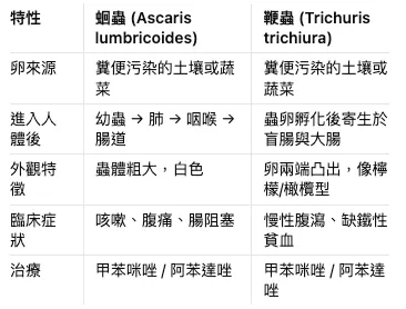 蛔蟲與鞭蟲的比較
