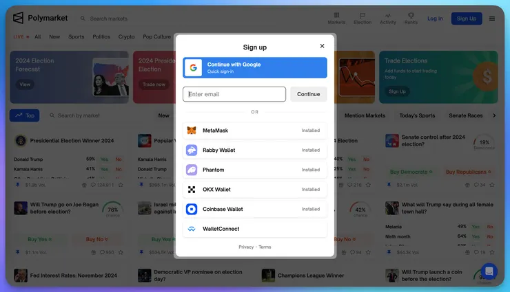 使用「電子郵件註冊／登入」造訪 Polymarket