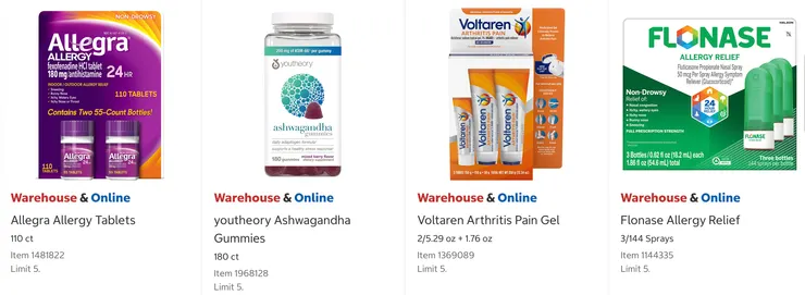 Allegra 抗敏藥 $30.99、Youtheory 南非醉茄軟糖 $30.99、Voltaren關節炎止痛凝膠 $37.99、Flonase 24小時無嗜睡過敏緩解鼻噴劑 $41.99。