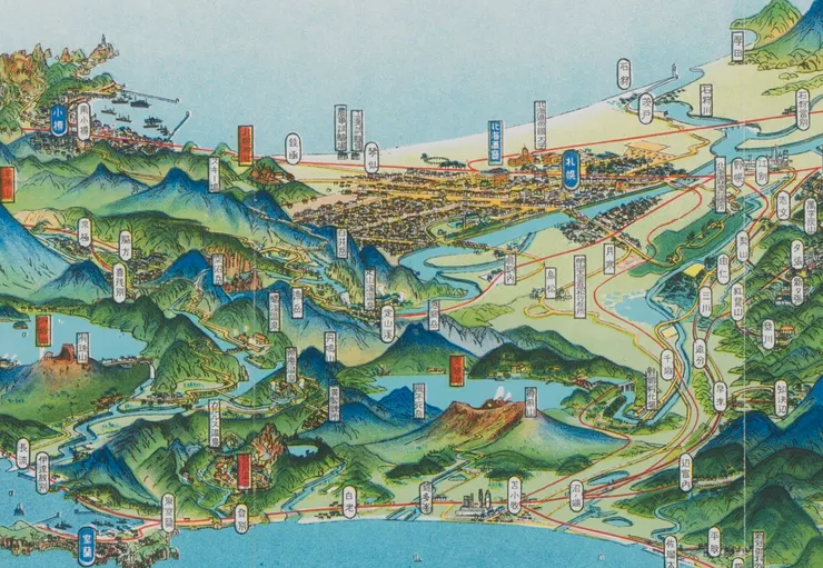 〈北海道鳥瞰圖〉局部,可以看見札幌、小樽、室蘭等城市。