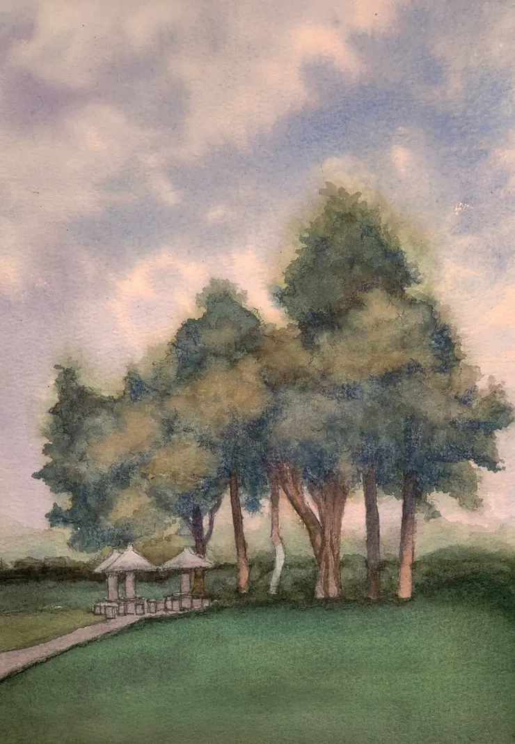 大樹涼亭，八開，代針筆+水彩。