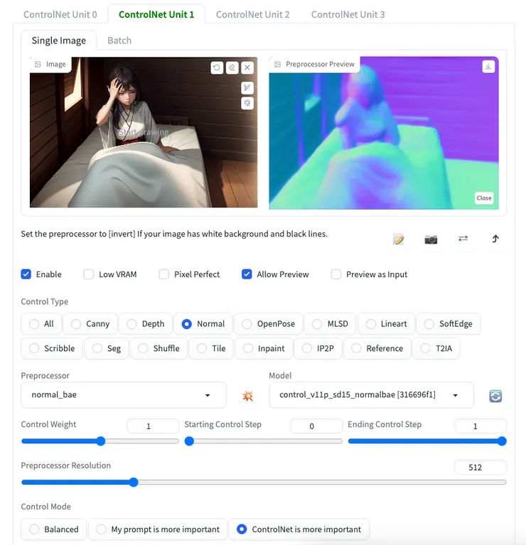ControlNet設定，在此我使用Normal來固定
