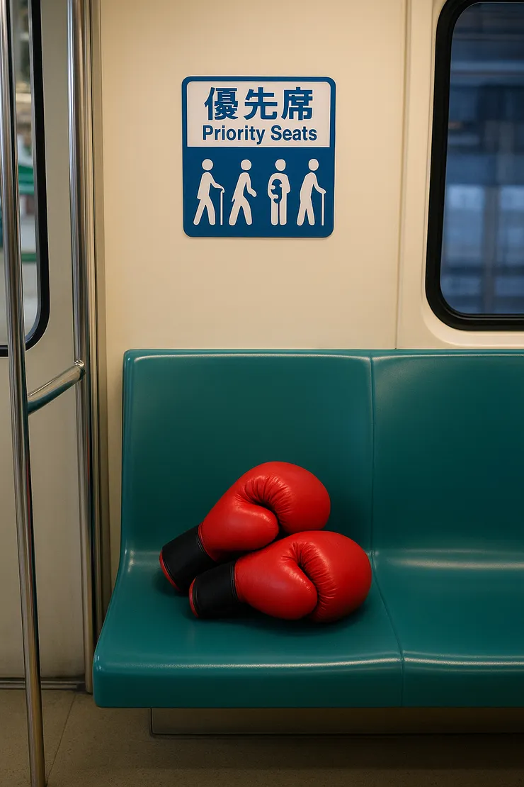 過去的博愛座、現在的優先席,座位上放著一對紅色拳擊手套示意圖