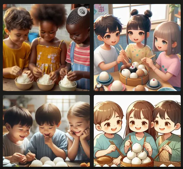 BingImageCreate: Three children gathered together to eat glutinous rice balls