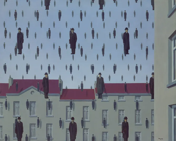 René MAGRITTE的畫作《Golconda》(1953)，收藏在美國休斯敦梅尼爾收藏博物館(The Menil Collection)。