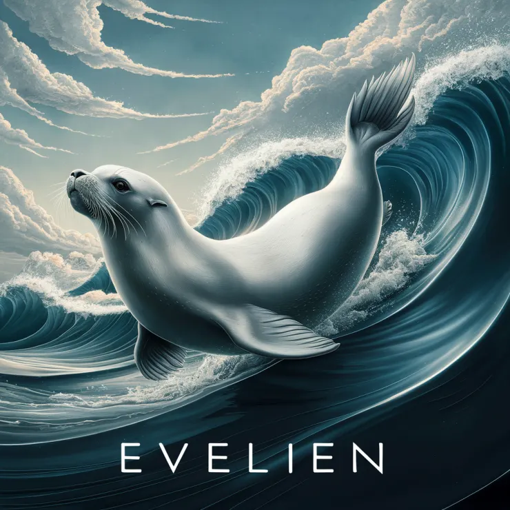 A captivating and enchanting illustration of a silver sea lion, gracefully swimming through the ocean with its sleek, shimmering body reflecting a mesmerizing glow. The sea lion's graceful movements are accentuated by the gentle waves in the background, rising and falling in harmony. The sky above is a breathtaking blend of soft blues, adorned with delicate, lazily drifting clouds, creating a tranquil and calming atmosphere. The words "evelien are prominently displayed at the bottom of the image, showcasing the exceptional skill and talent of the artist who brought this magical scene to life.